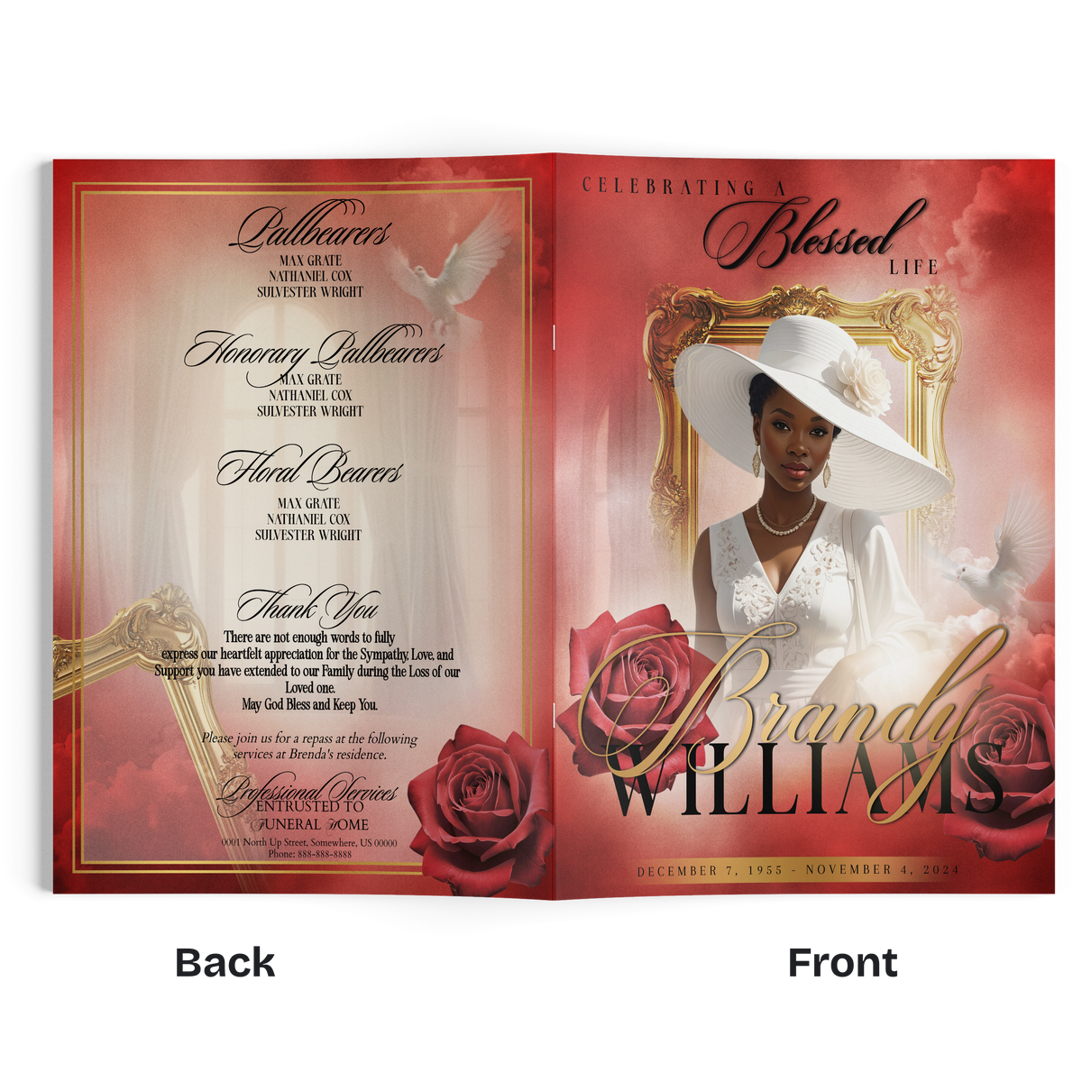 8-page memorial booklet two-page spread with portrait, white hat, red roses, gold trim