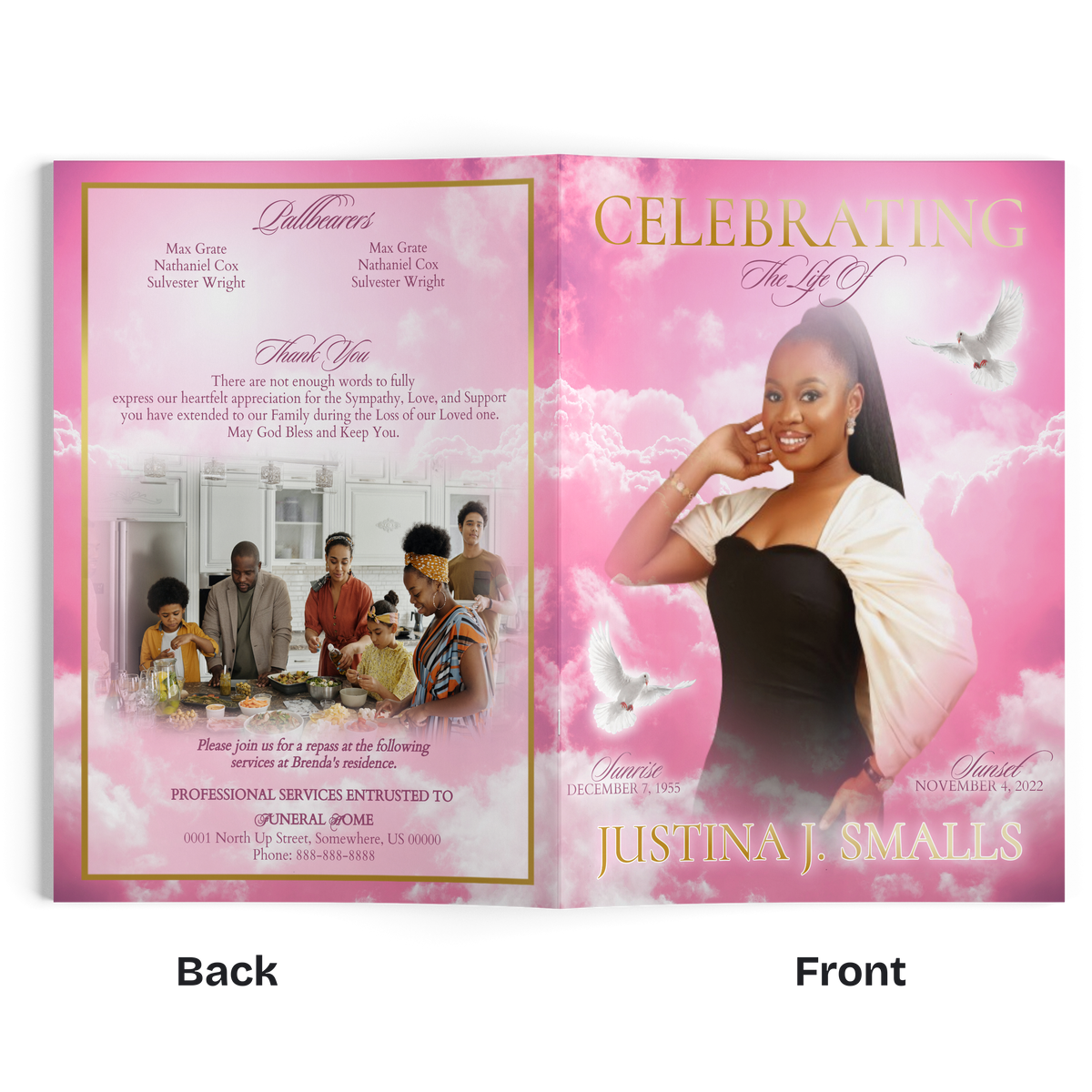 Commemorative pink booklet open spread with portrait and decorative cloud background