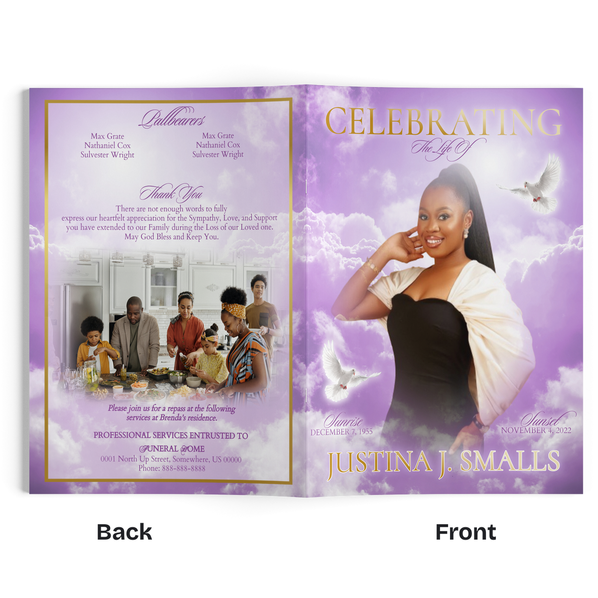 8-page memorial booklet, open spread with family photo panel and portrait page