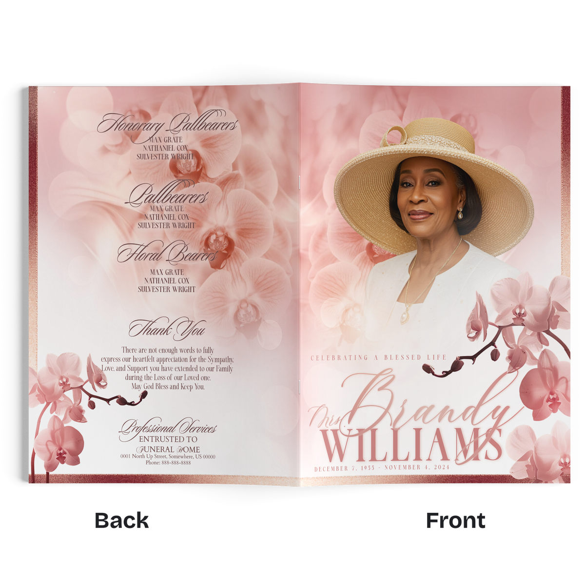 Open memorial booklet cover with rose-gold orchid design and large woman portrait on right