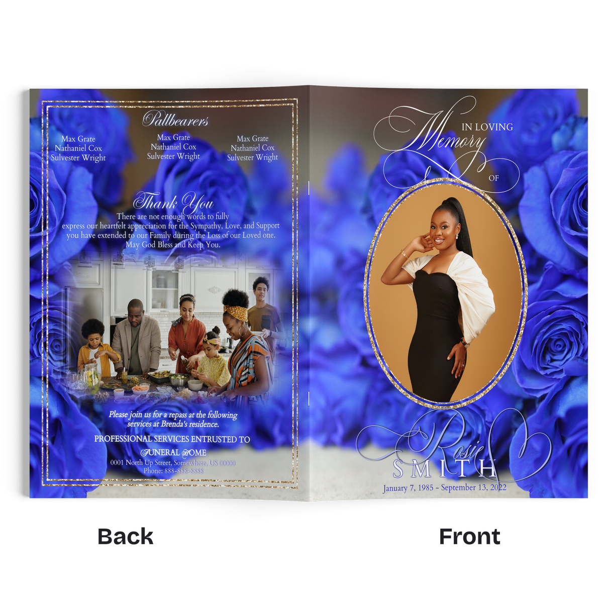 Memorial booklet open spread: oval portrait on blue roses with a thank-you message page