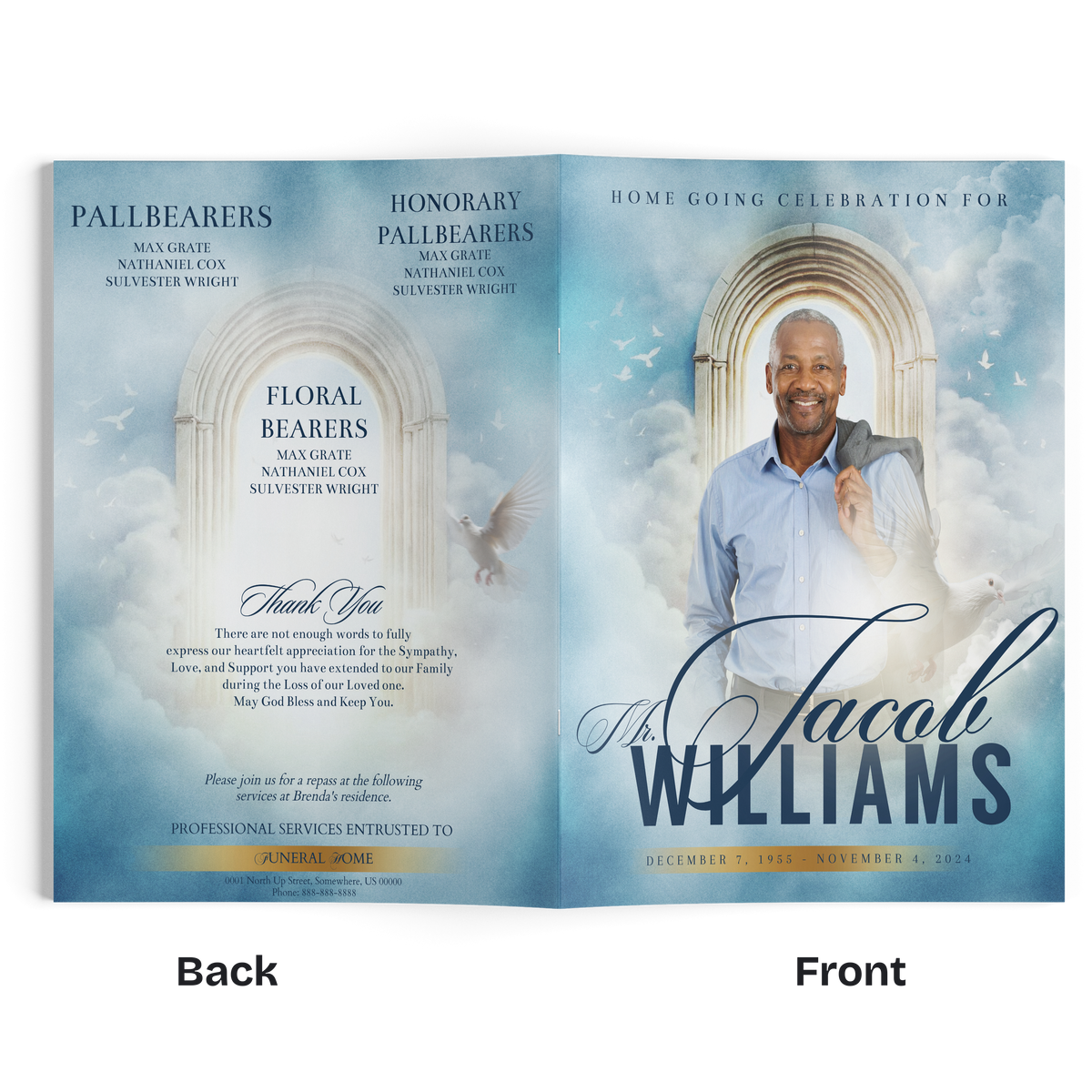 Memorial program booklet open spread with arch portrait and blue sky background.