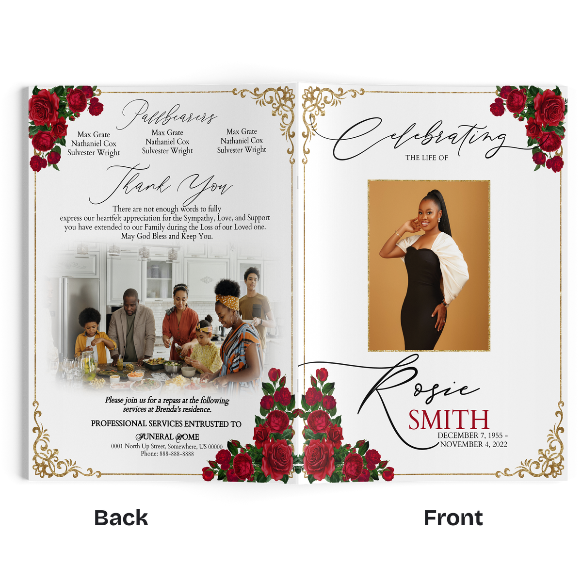 Event invitation booklet spread with thank-you message, portrait, and red rose frame
