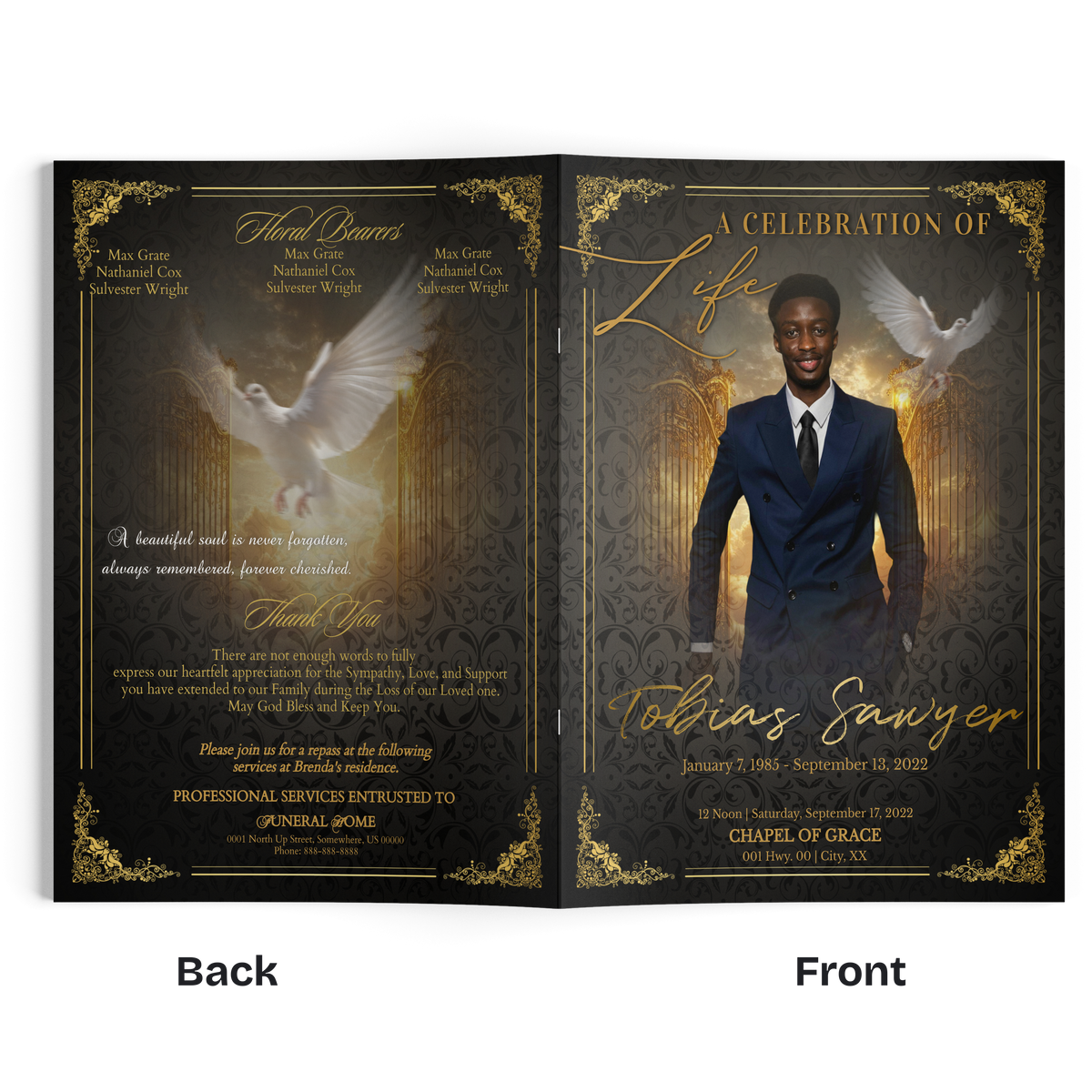 Black and gold memorial program booklet with portrait, dove motif, and decorative script