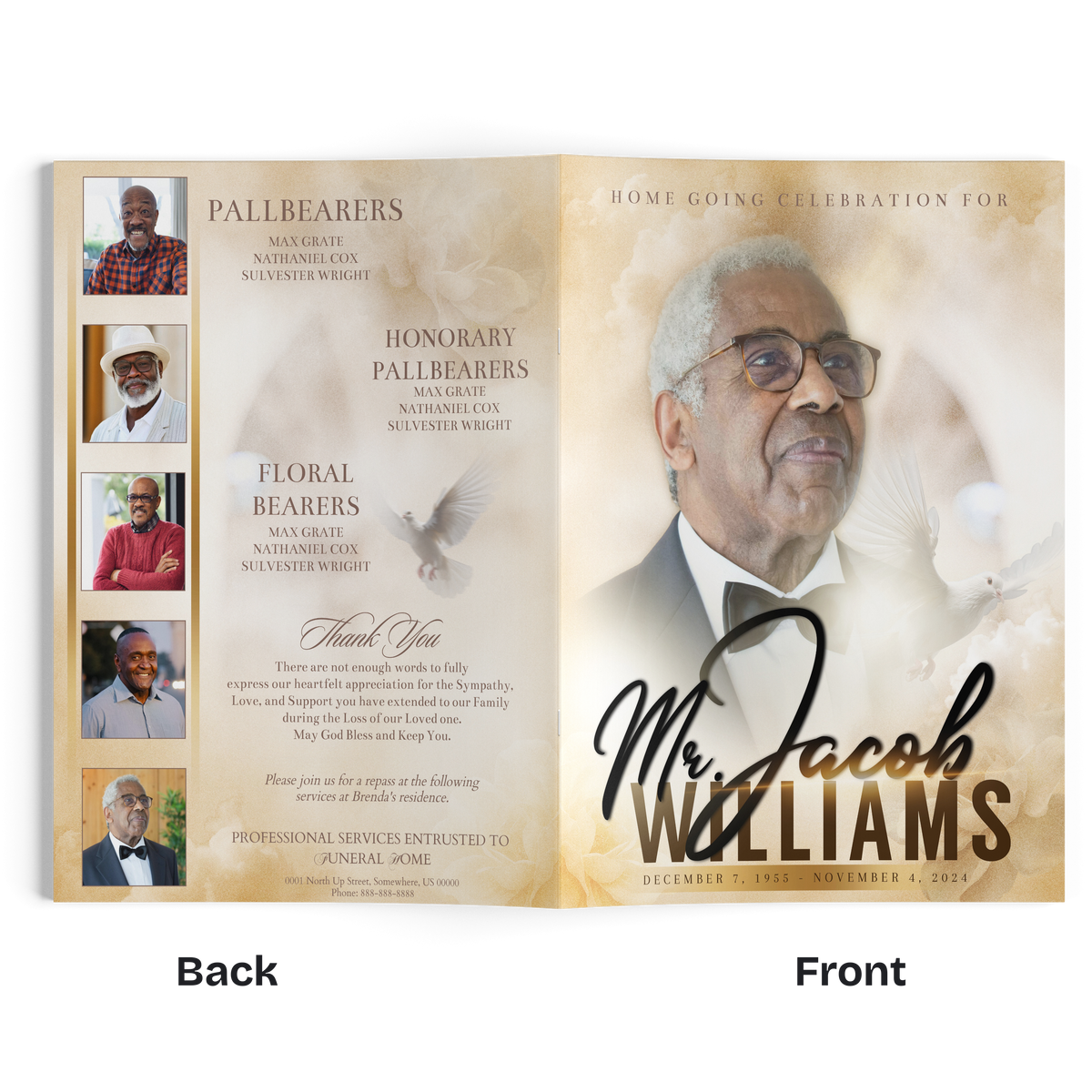 Eight-page memorial booklet open with floral list and Mr. Jacob Williams portrait