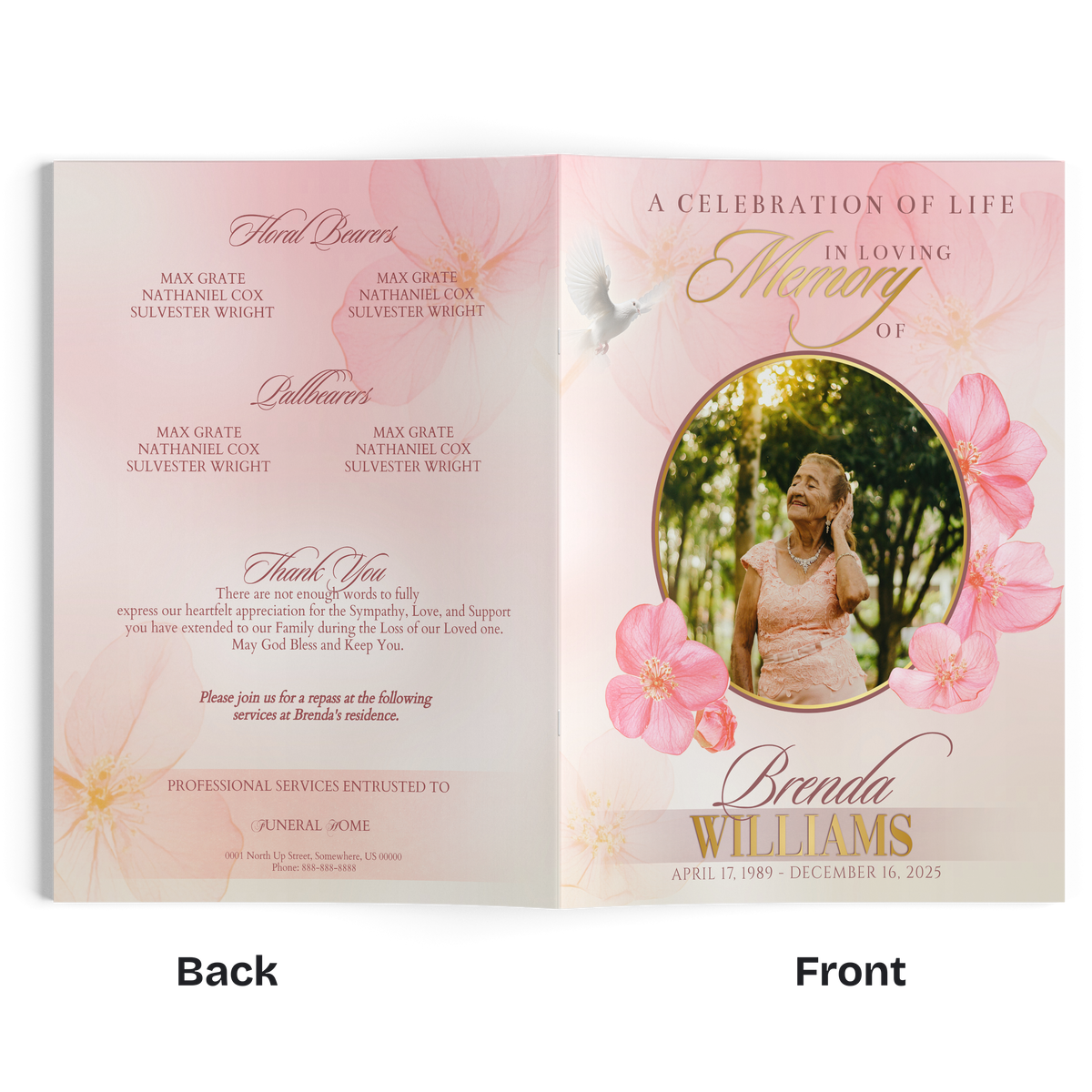 Open memorial booklet with circular portrait frame and pink floral butterfly accents
