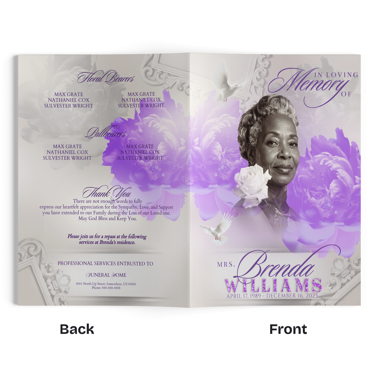 Open memorial booklet with thankful message, purple peonies, and woman portrait