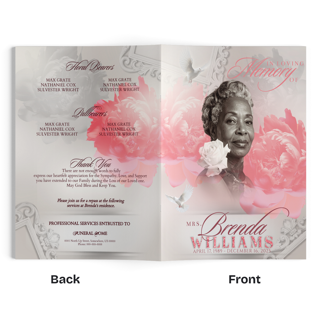 Floral memorial invitation booklet with pink peonies and grayscale portrait, open spread