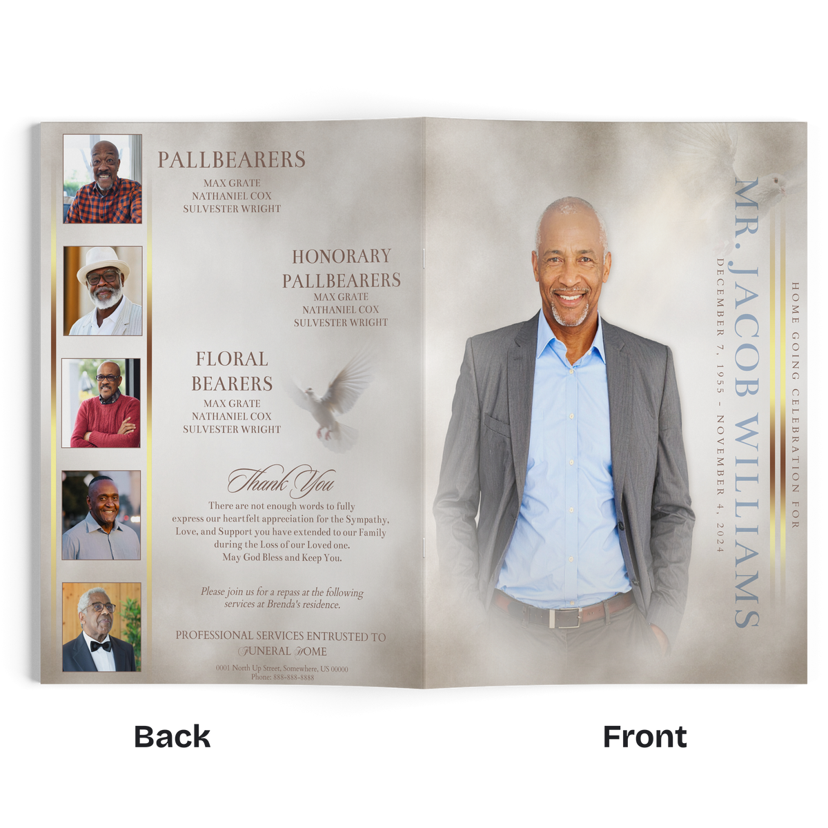 8-page portrait photo booklet open spread with smiling man in blue shirt