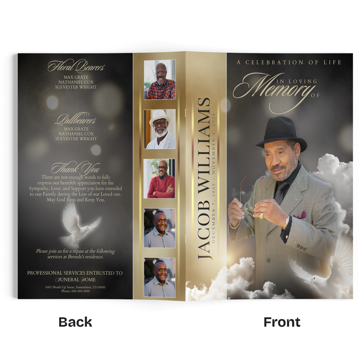 Memorial booklet cover page with man in dark hat and gray suit, cloud accents