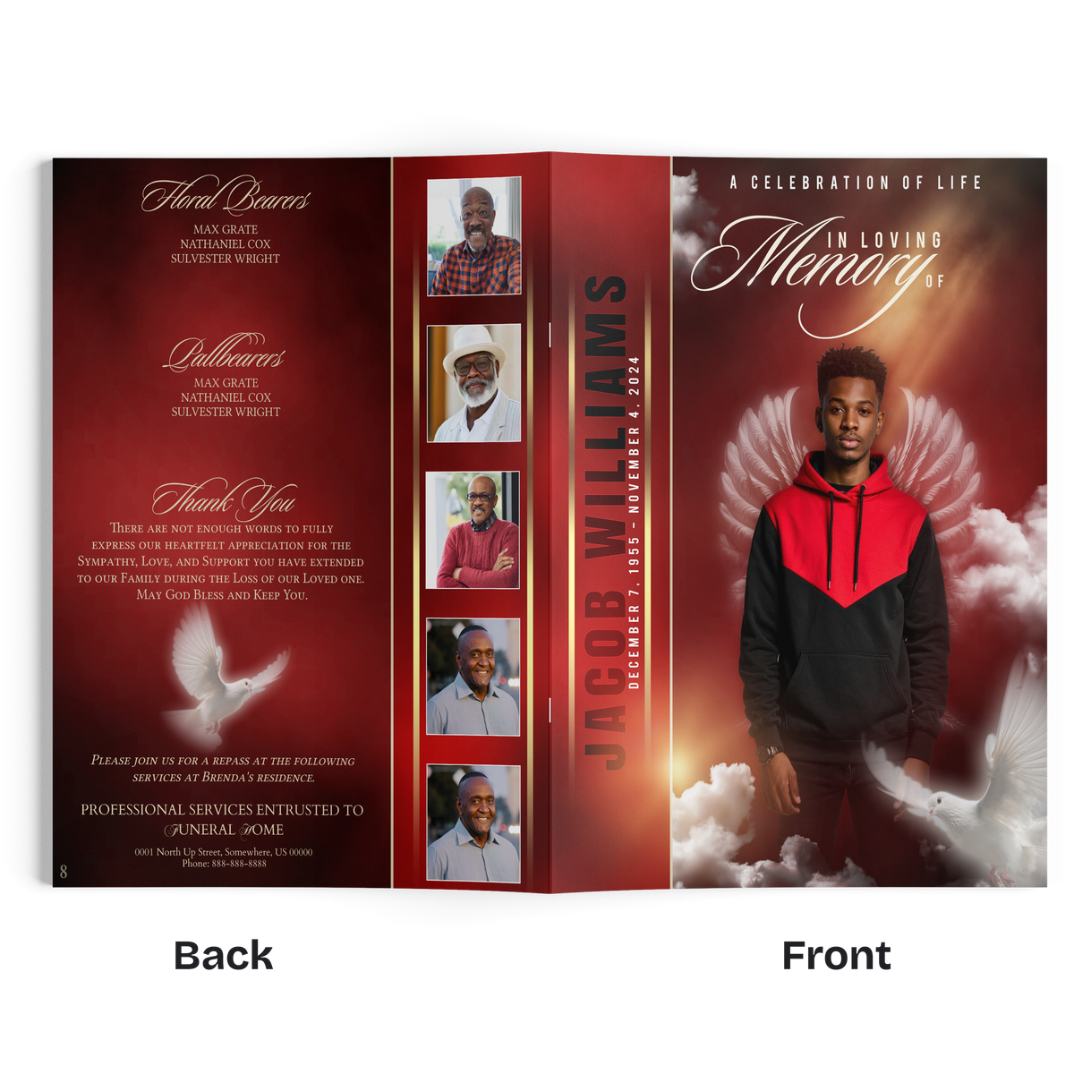 Memorial photo booklet with angel wing background, man portrait, red and black cover panels