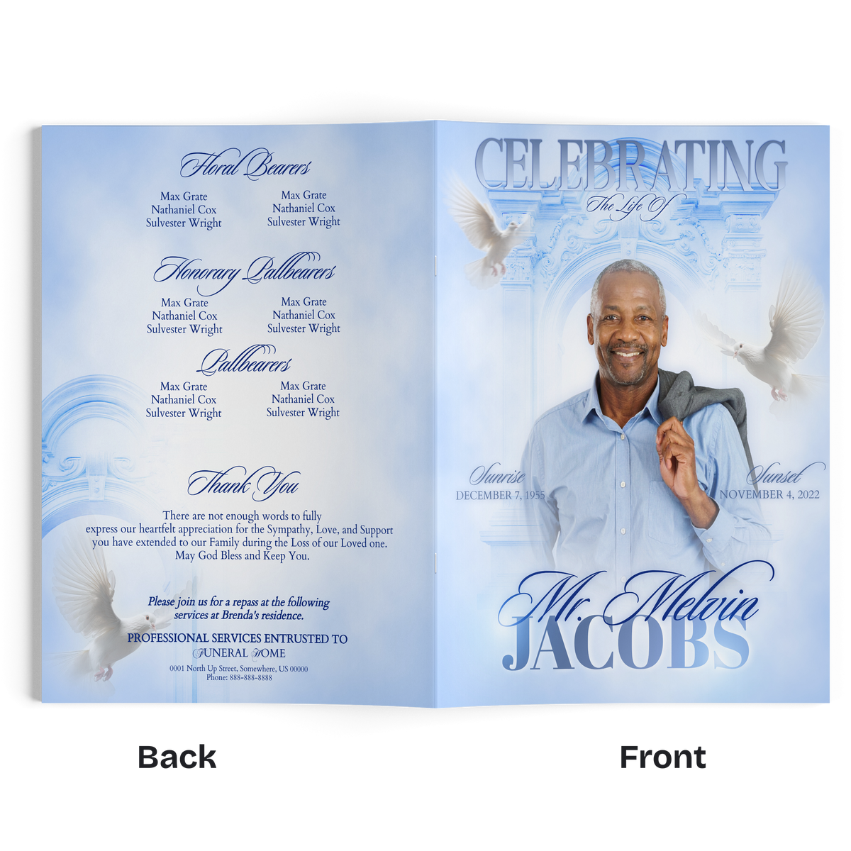Blue 8-page memorial brochure, open view with portrait and “Mr. Melvin Jacobs”