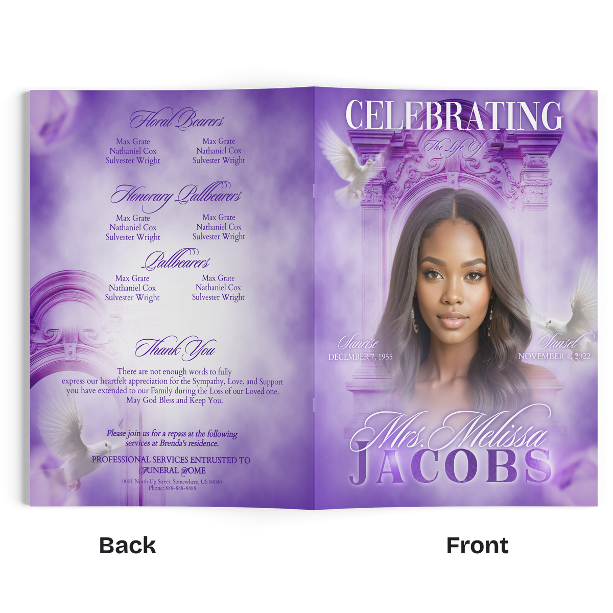 Purple 8-page event program booklet, open spread with portrait photo and decorative arch
