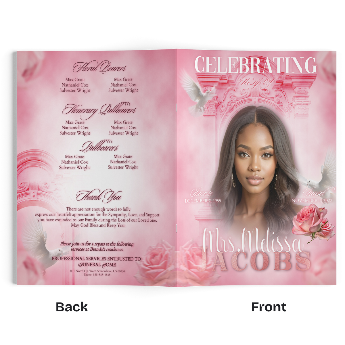 Pink floral memorial booklet open to portrait and dedication text on two pages