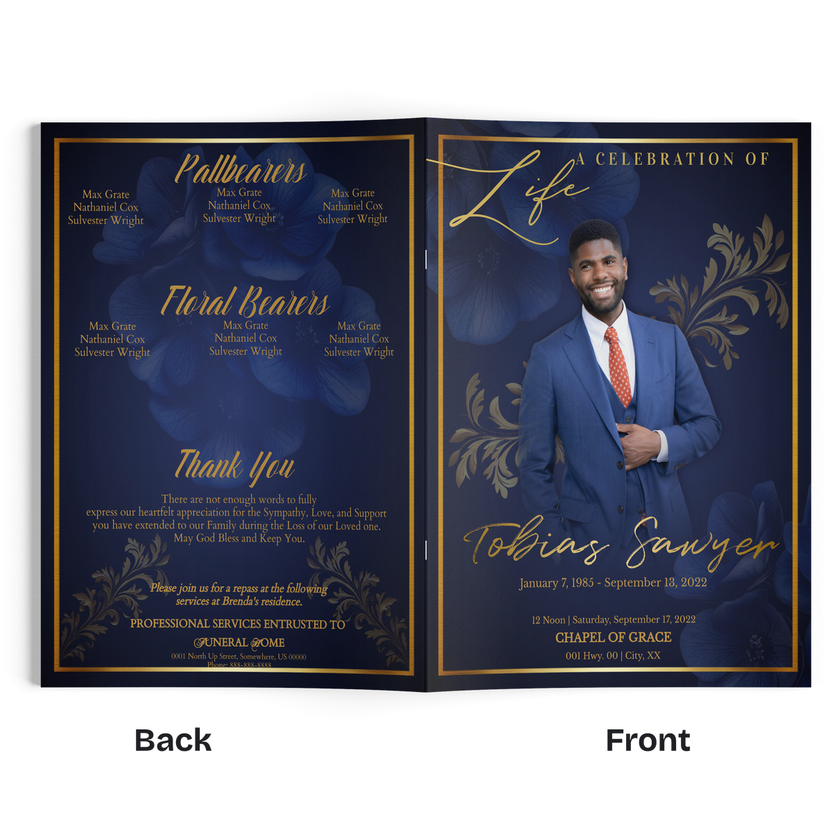 Navy and gold baroque funeral program, two pages side by side with portrait and thank-you text.