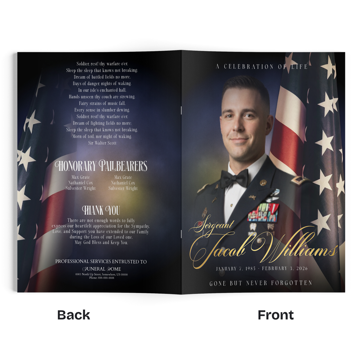 Military memorial booklet spread with portrait, gold text, and U.S. flag on both pages