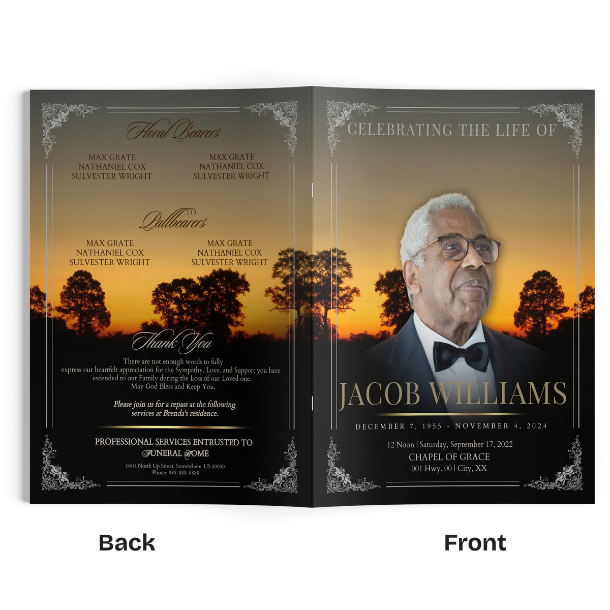 Open gray funeral program booklet with gold text blocks and matching portrait panel