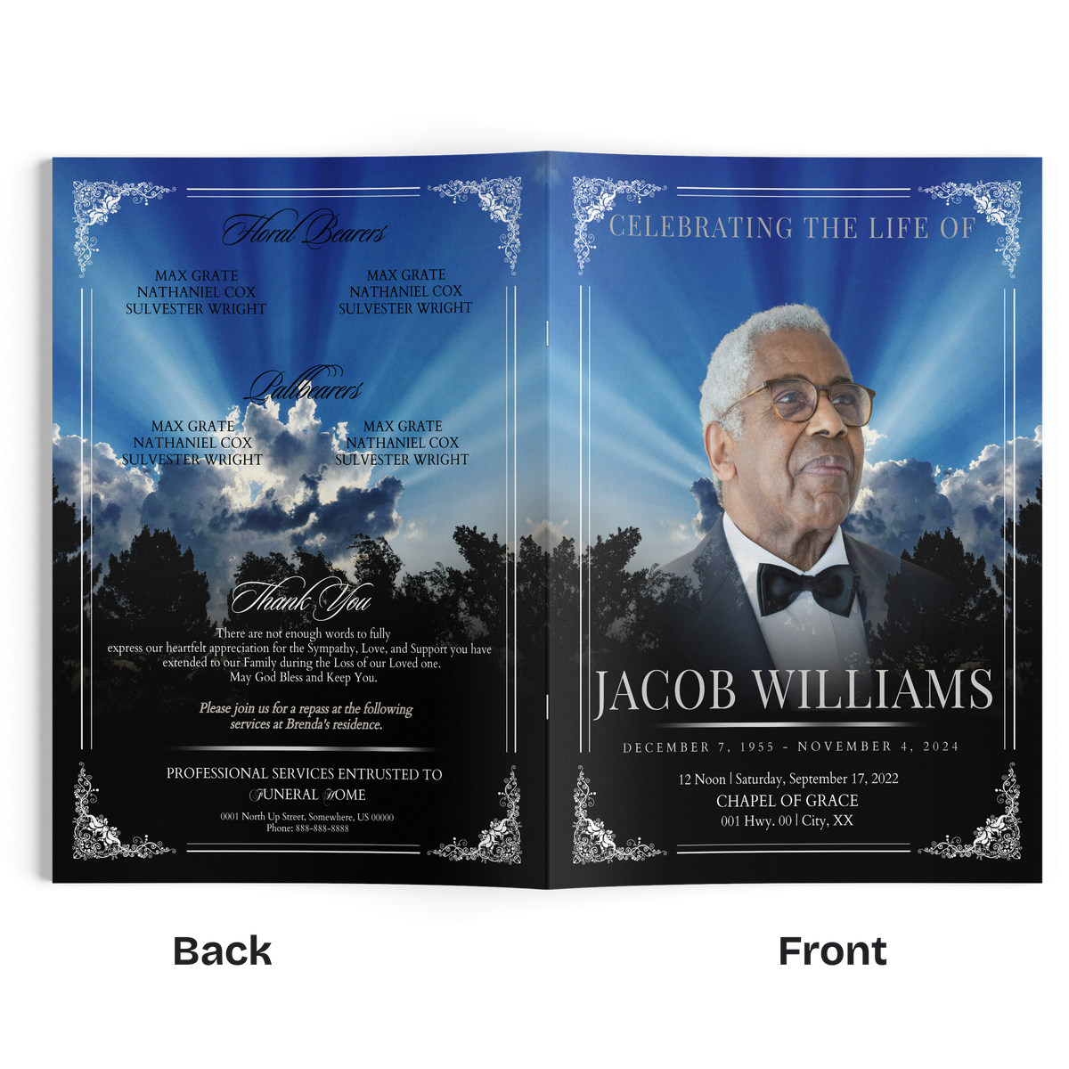 Blue memorial booklet open to two pages with Jacob Williams portrait and decorative frame