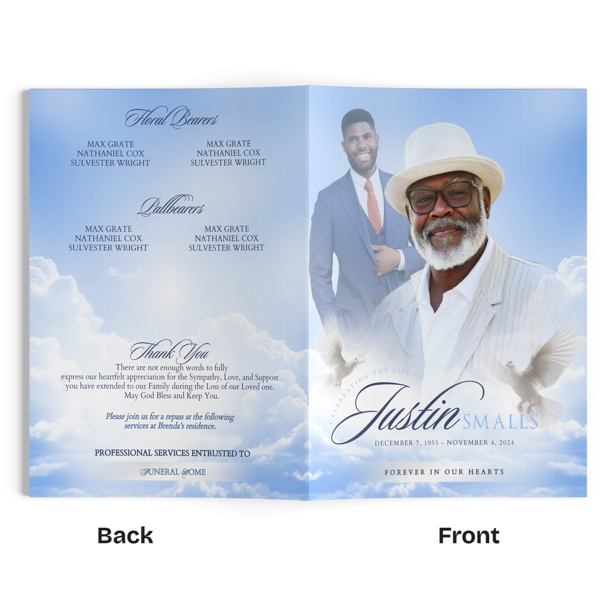 Open powder blue funeral program booklet spread with clouds, portraits, and service details