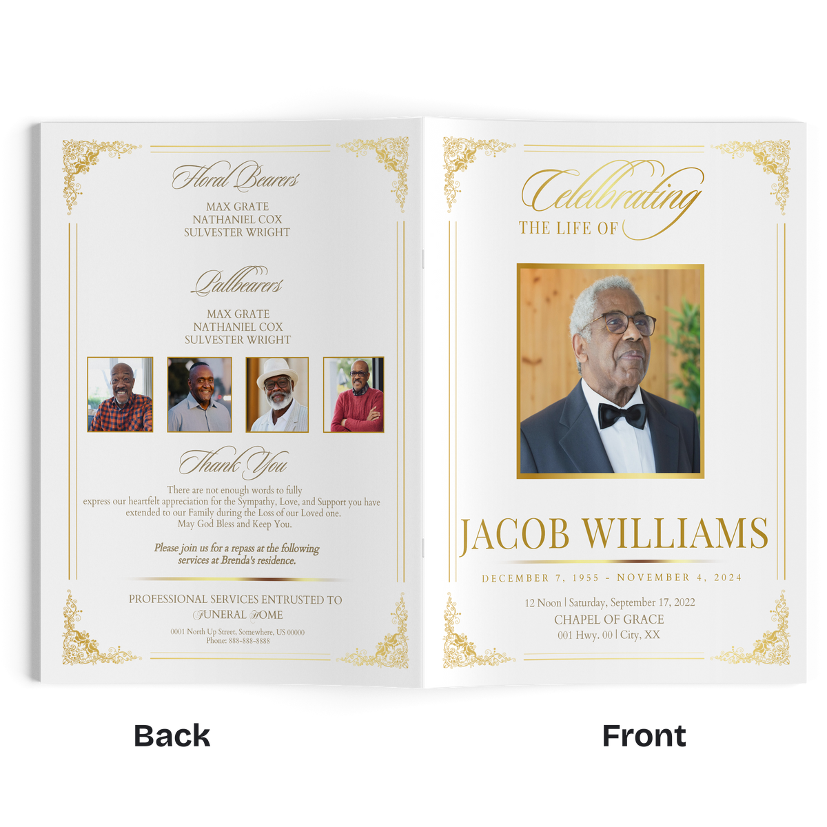 4-page gold picture frame with decorative floral corners, holds letter-size portraits
