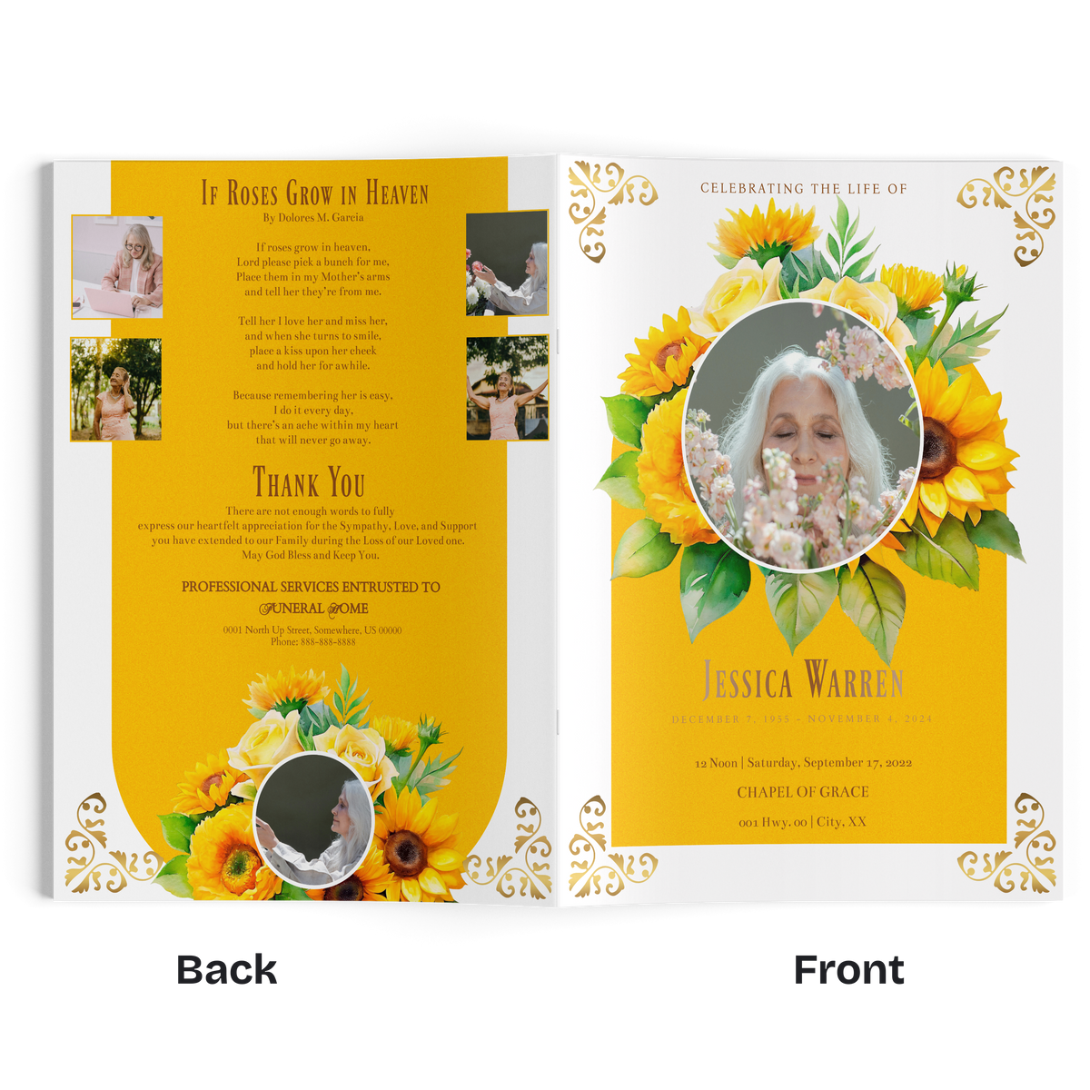 Sunflower memorial program booklet, open spread with thank you text and photo