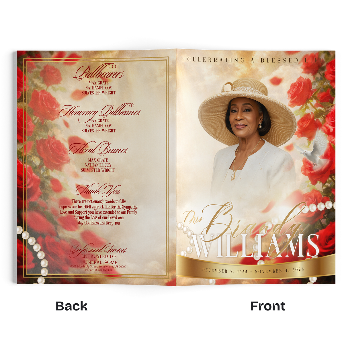Open memorial booklet with text pages, gold border, woman portrait, red rose floral design