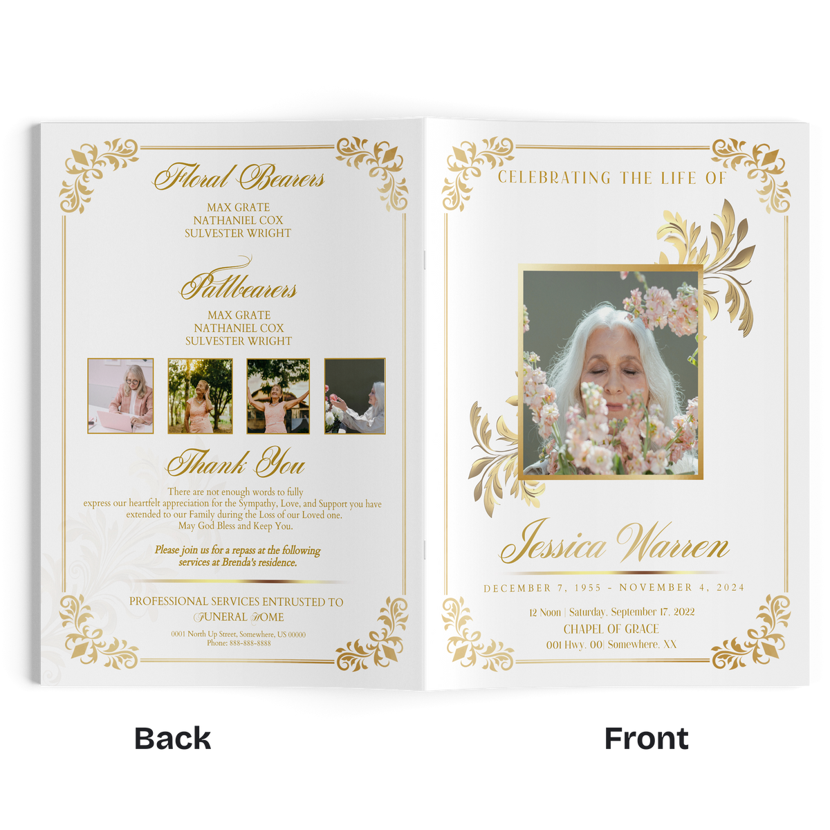 Open 4-page funeral program booklet with gold floral border and portrait window