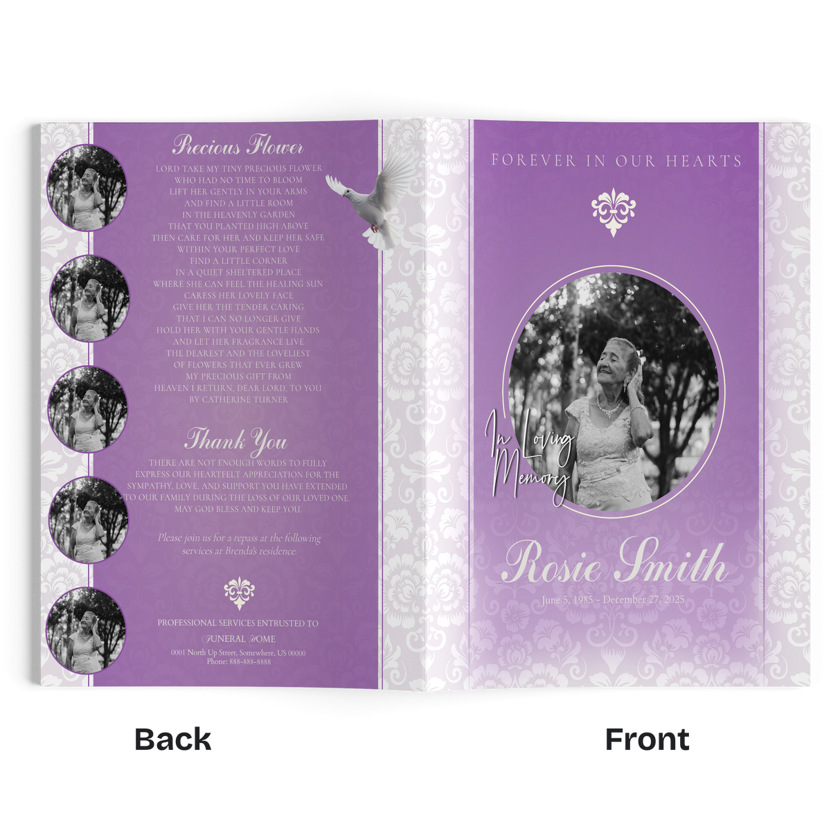 Purple floral funeral program booklet with multiple small circular photos and oval portrait