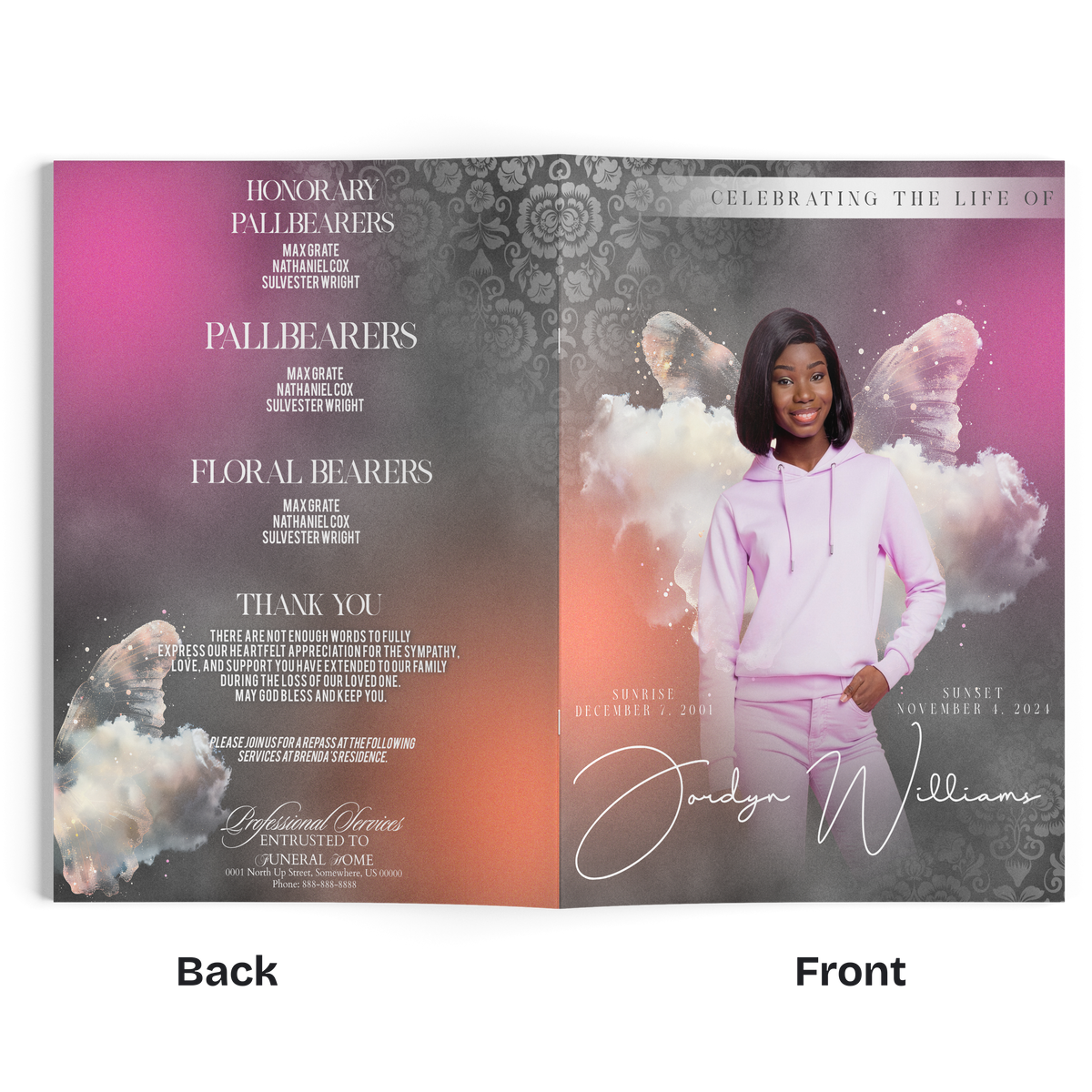 Open event booklet spread with pink-coral design, butterfly motif, and woman portrait photo