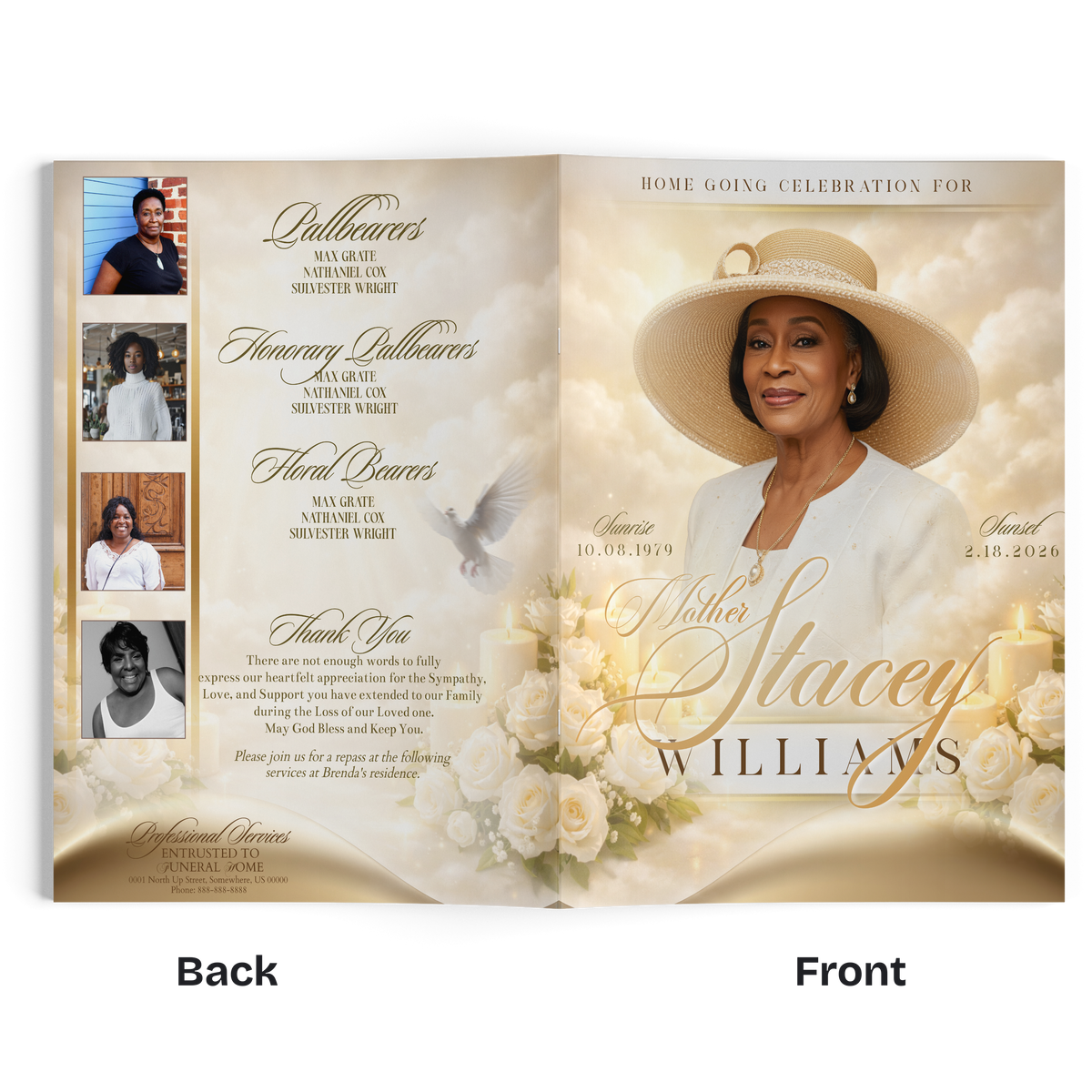 Memorial tri-fold program open to inner panels with photos, dove motif, and gold text