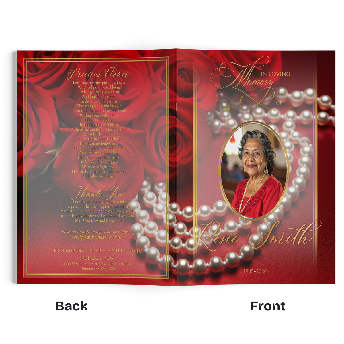 Memorial brochure interior page with red floral background, text block, and oval portrait