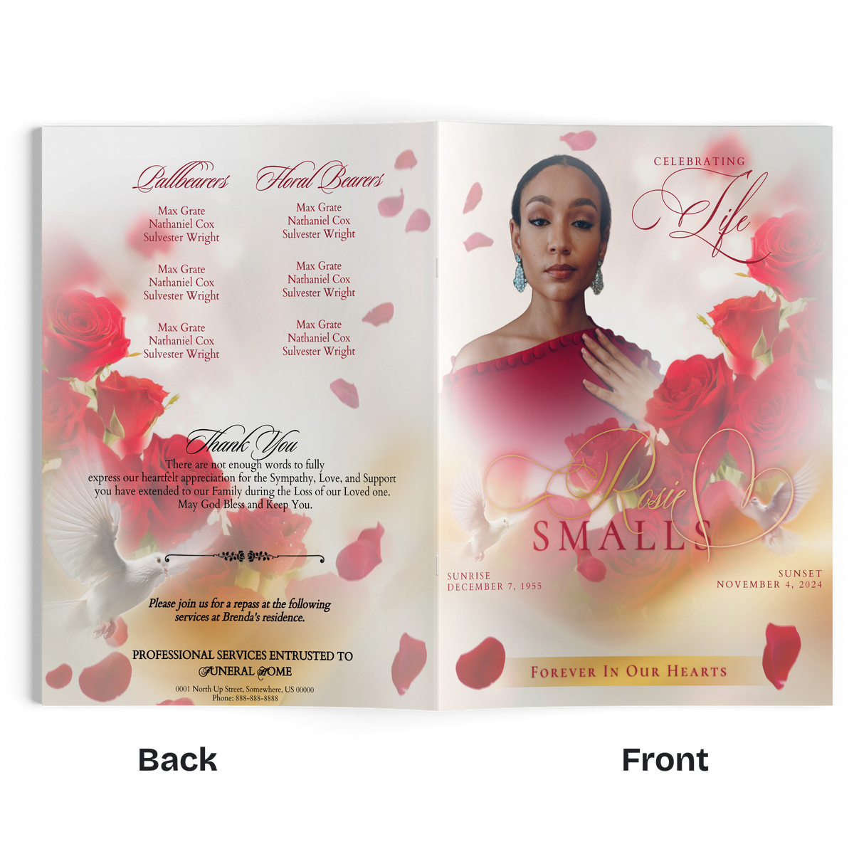 Open funeral program booklet spread with portrait, roses, and Thank You message layout.