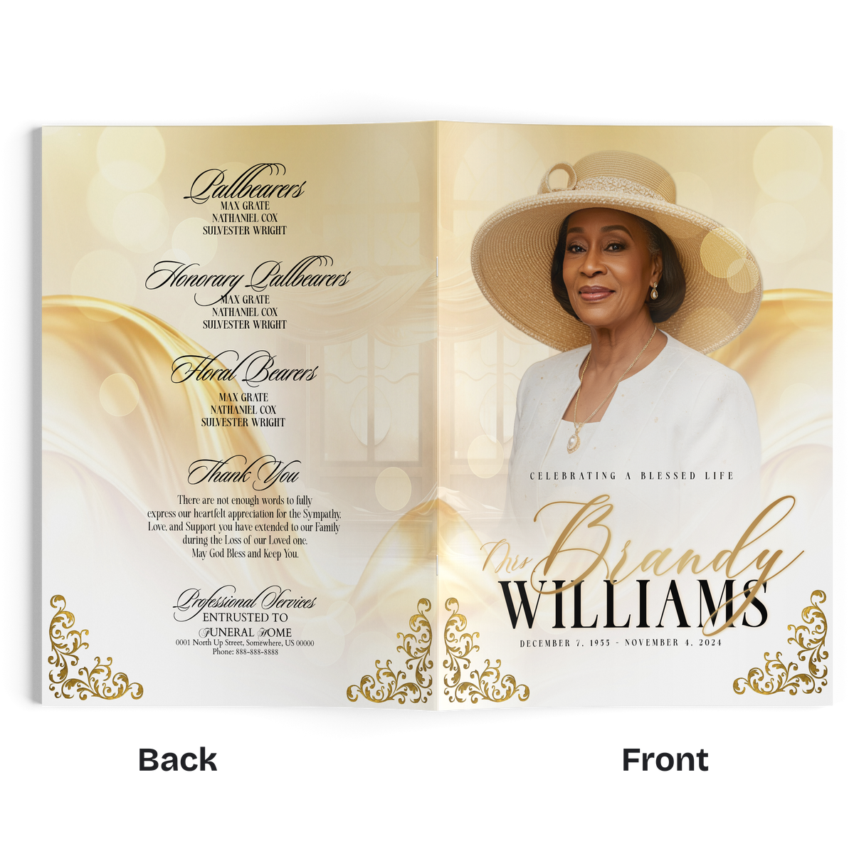 Memorial booklet page with woman's portrait, white outfit and hat, gold bokeh border