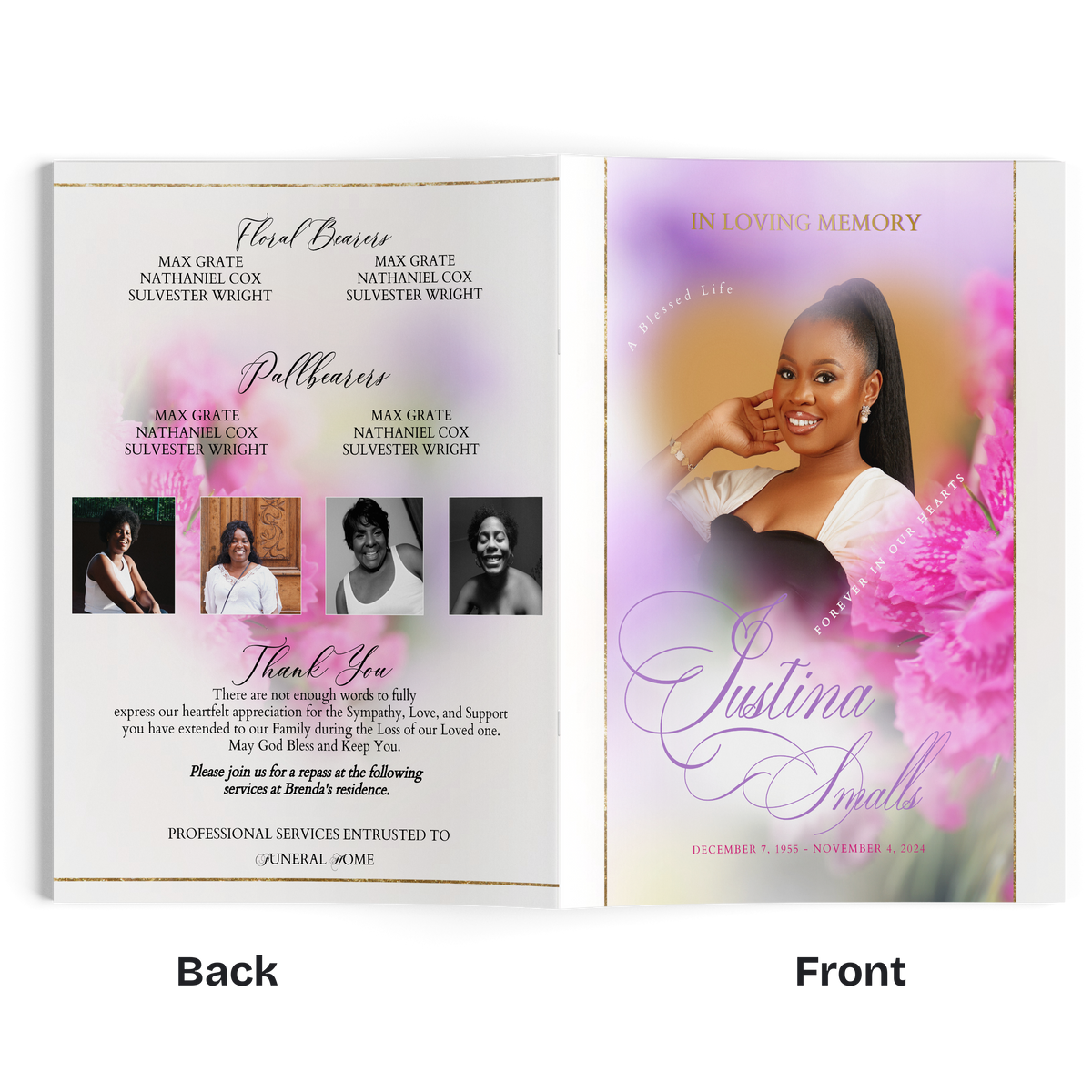 Open 4-page memorial brochure with thank-you page, photos, and portrait