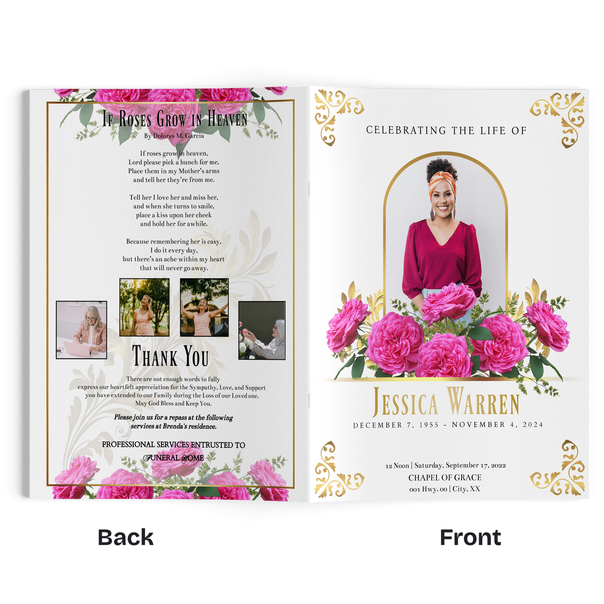 4-page funeral program open spread with pink roses, small photos, and portrait panel