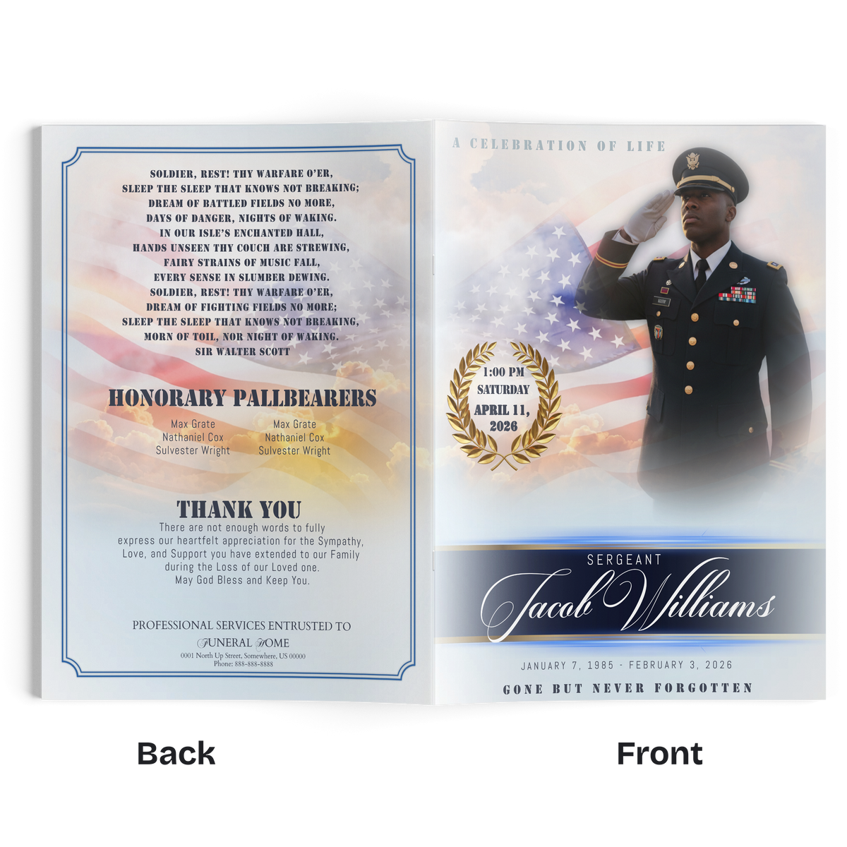 Memorial program booklet interior with text panels and officer portrait