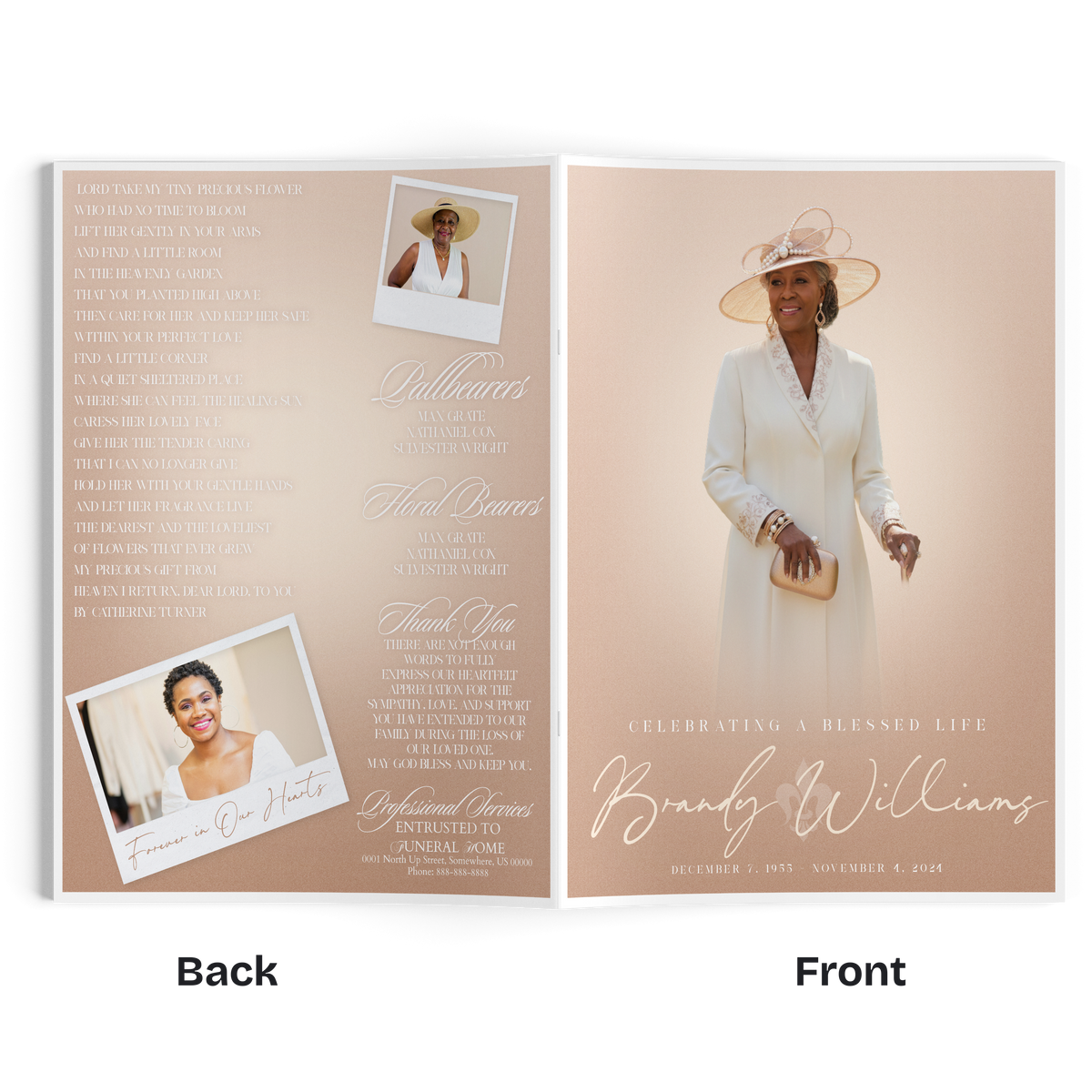 Open 4-page nude beige booklet spread with portrait photos and blocks of text