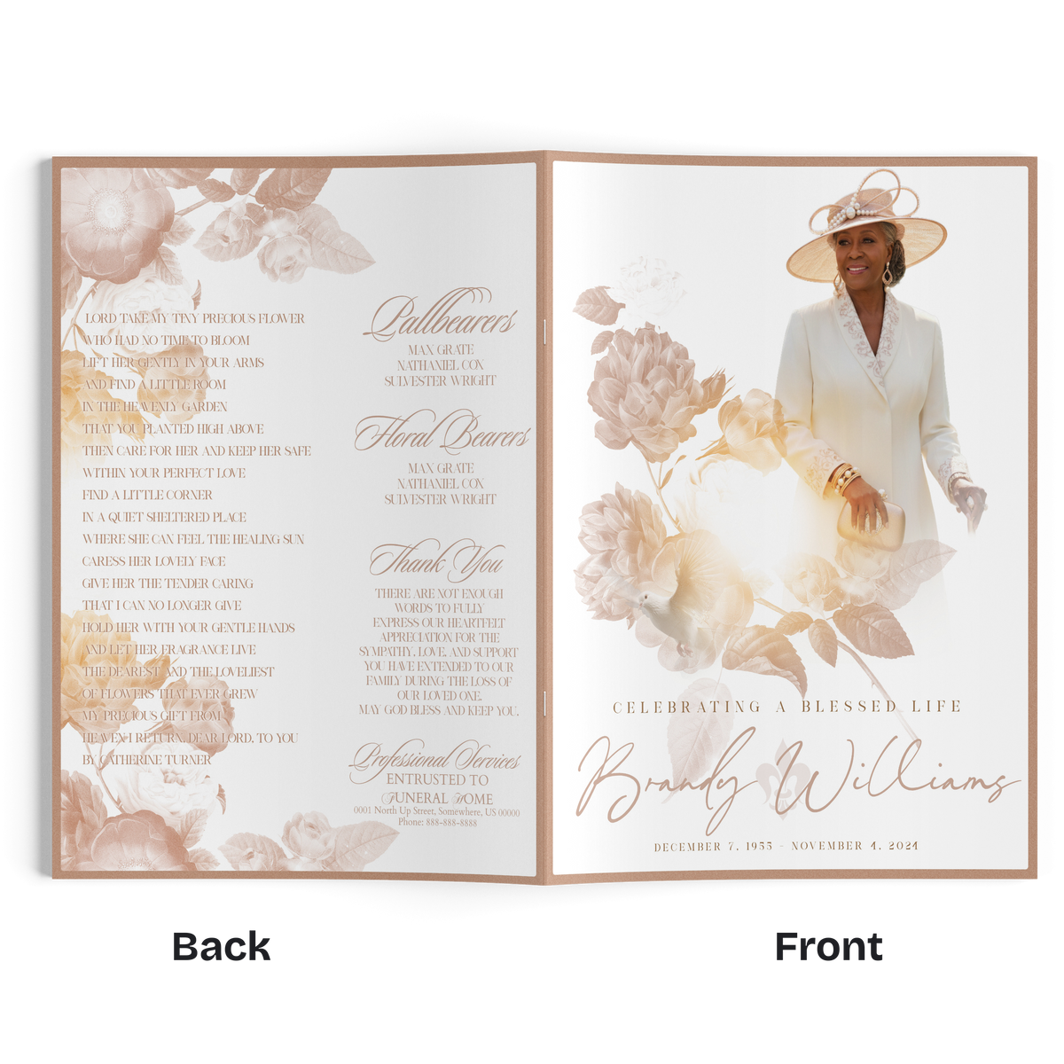 Floral memorial booklet two-page spread with dense text left and “Celebrating a Blessed Life” right.