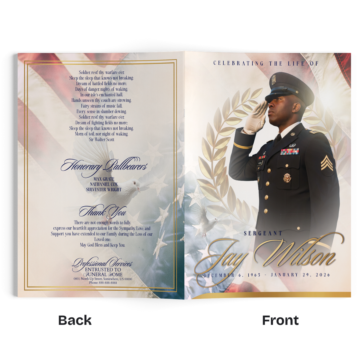 4-page tribute booklet open spread with memorial text, soldier portrait, and name Jay Wilson