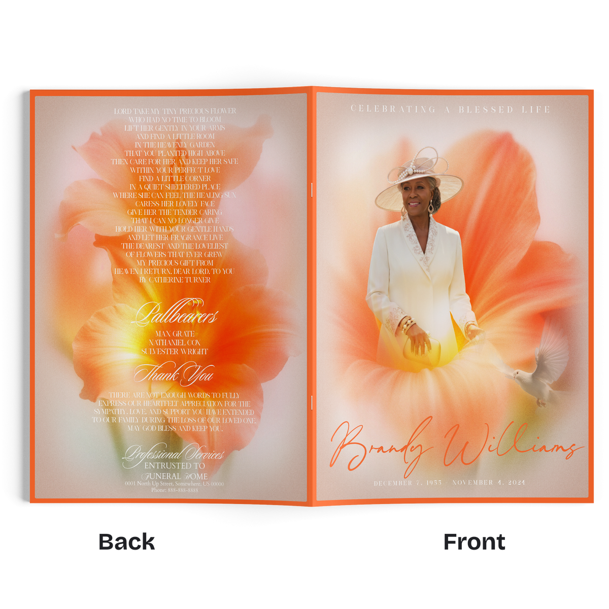 Orange flower 4-page memorial booklet open, portrait on right, text with orange flower design