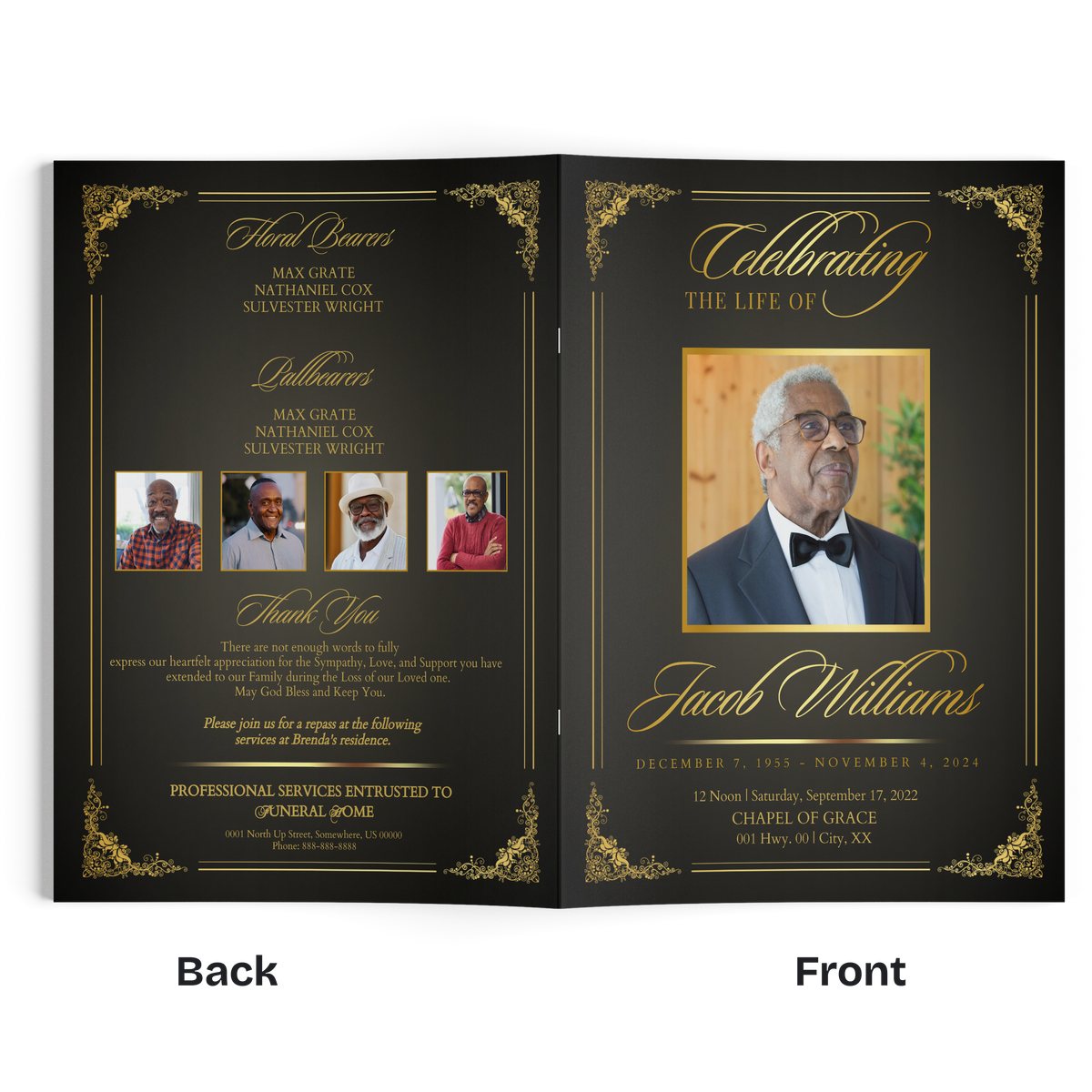 Black 4-page photo frame with ornate gold border, opened to two printed pages