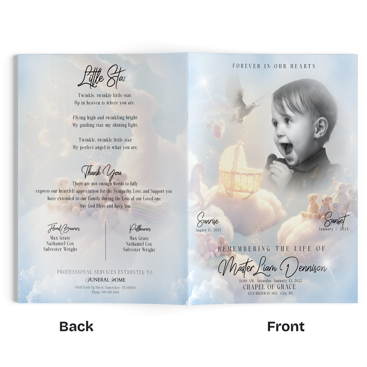 Open memorial booklet with baby boy photo, dove, and cloud scene across two panels