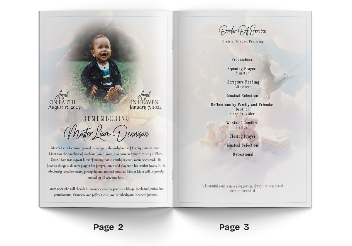 Open memorial booklet with baby boy portrait, dove and candle artwork in soft blue