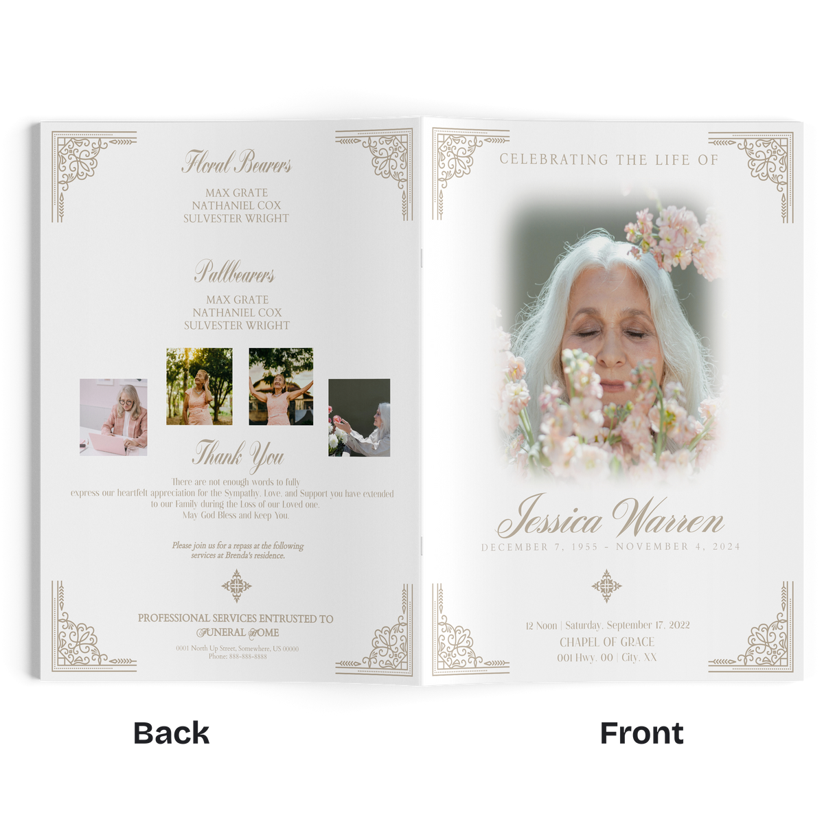 Open funeral program booklet with floral portrait on the right and thank-you section.