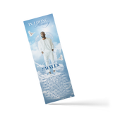 Sky-blue memorial bookmark with angel wings and dove, vertical text layout