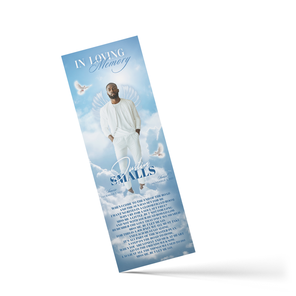 Sky-blue memorial bookmark with angel wings and dove, vertical text layout