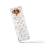 Ornate frame bookmark with woman portrait and poem, pale pink border