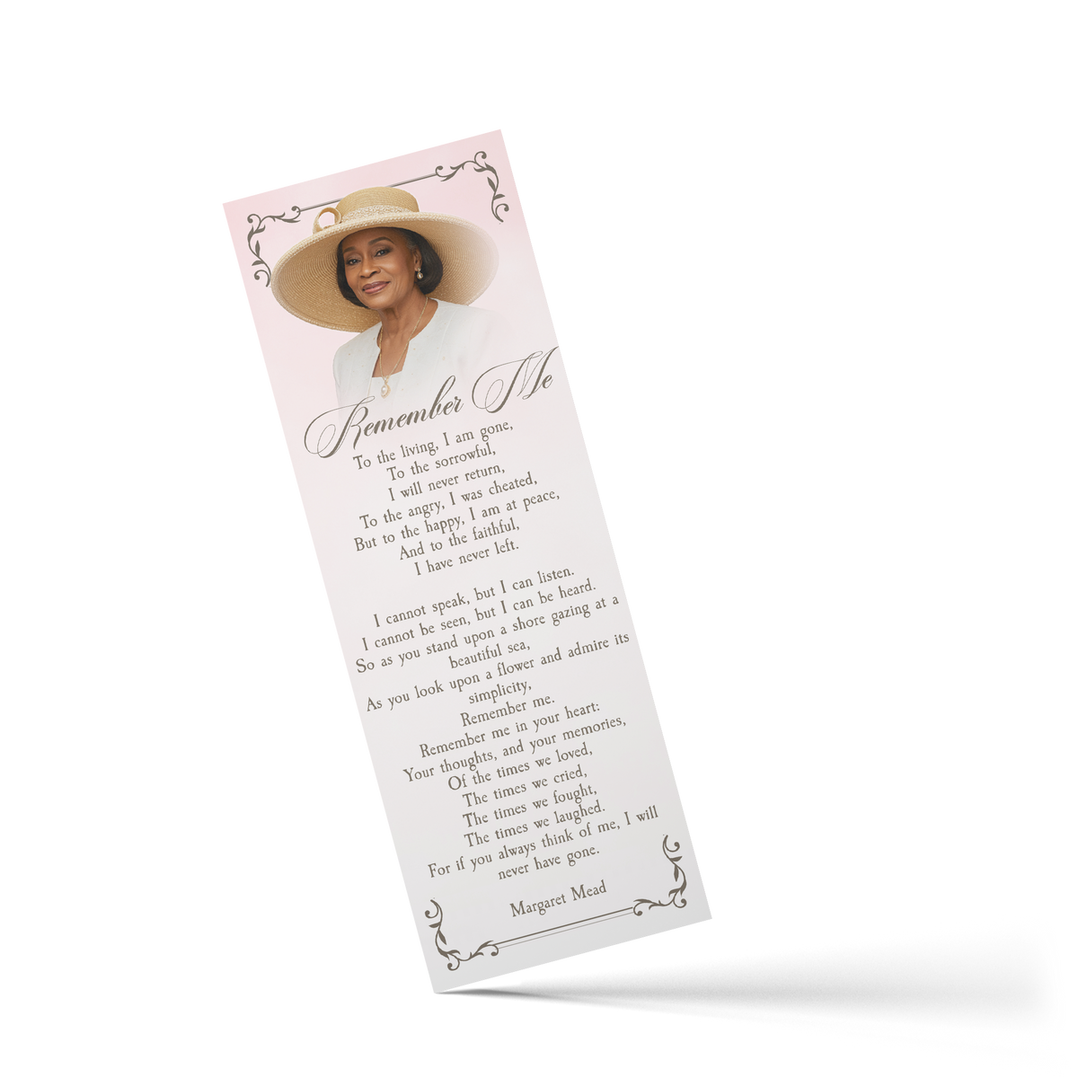 Ornate frame bookmark with woman portrait and poem, pale pink border