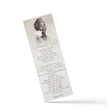 Paper bookmark with monochrome portrait, gold script quote, and ornamental border