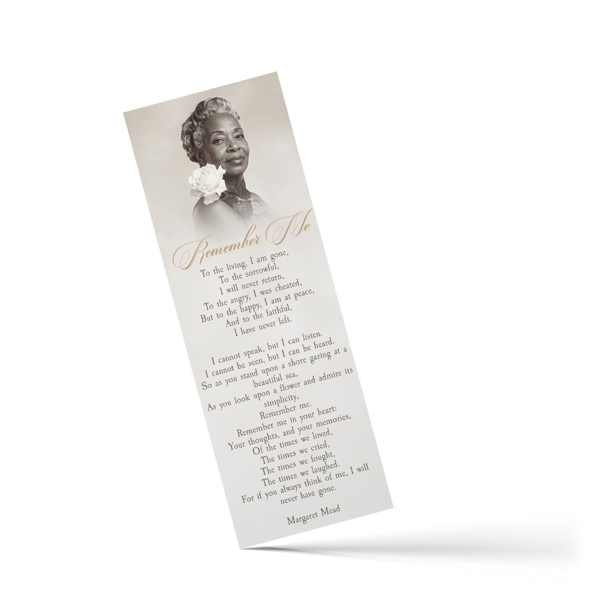 Paper bookmark with monochrome portrait, gold script quote, and ornamental border